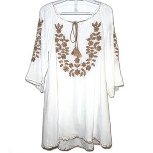 Chic Connection Embroidered Boho Peasant Dress Small Ivory Taupe Tassel Lined